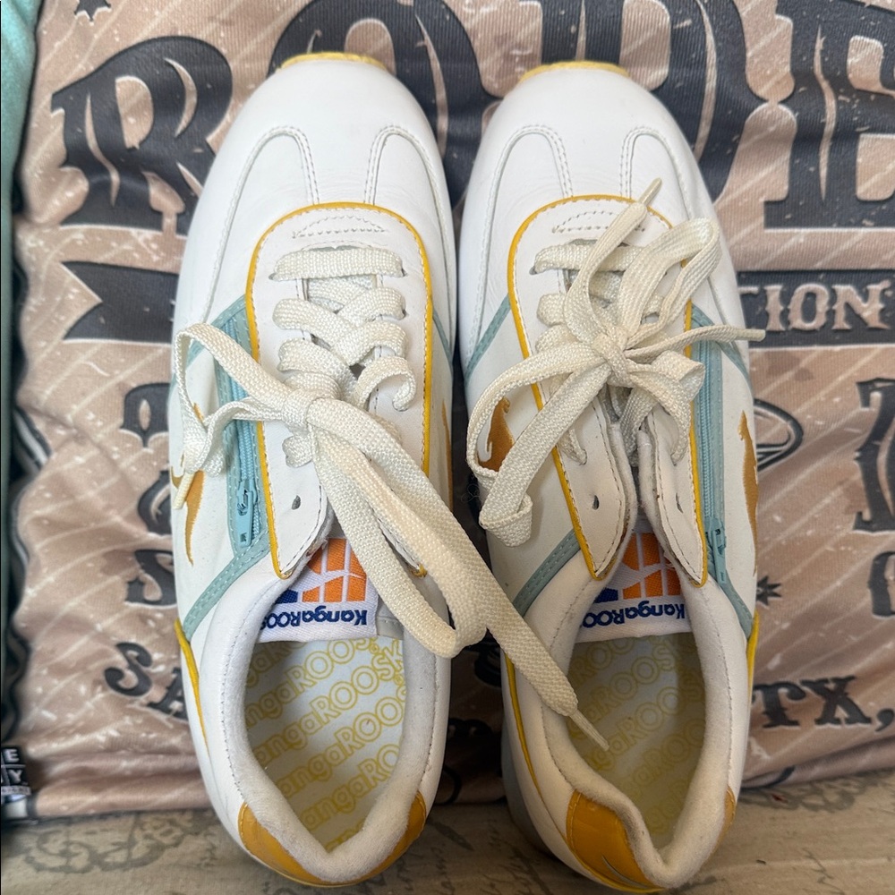 Women’s kangaROOS Sneakers in White, Yellow, and Light Blue